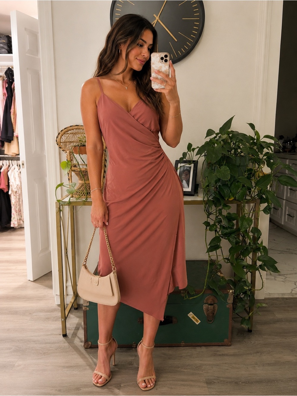 Chelsea 28 Mauve Wrap-Front Midi Dress with Spaghetti Straps